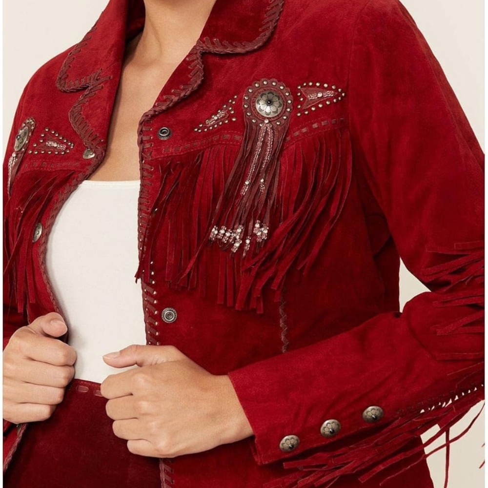 SCULLY RED LEATHER FRINGED JACKET SZ M